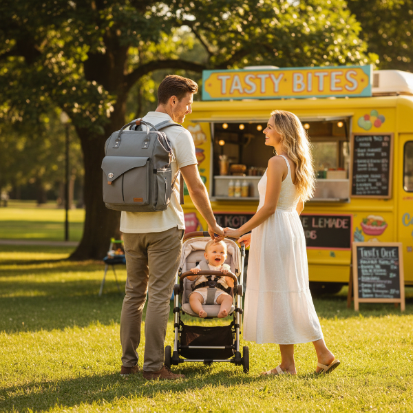 Papa porte le sac à dos à langer et tiens la main de maman, pendant que bébé rigole dans sa poussette devant le camion de nourriture au parc