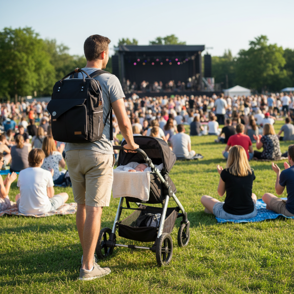Papa porte le sac à dos à langer pendant que bébé dors dans sa poussette au concert sur l'herbe au parc