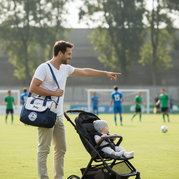 Papa avec bébé regardant le match de soccer, papa porte le sac a langer bebe couleur bleu profond