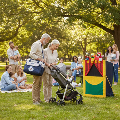 Sac a langer bebe au parc avec papi et mamie. bébé dans sa poussette devant le spectacle de marionnette papi porte le sac a langer sur l'épaule.
