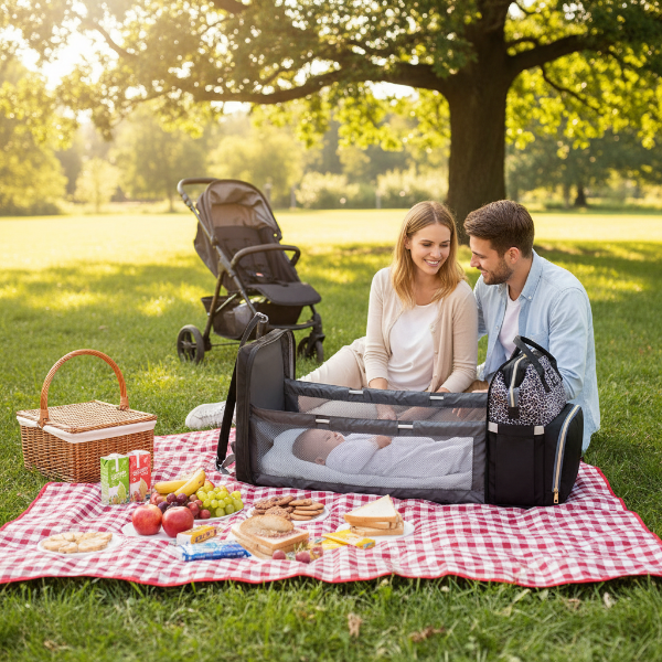 Maman et papa discute pendant que bébé dors dans le sac à langer lit  au pique-nique famille au parc