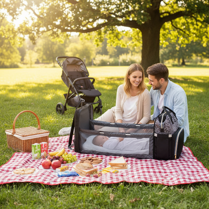 Maman et papa discute pendant que bébé dors dans le sac à langer lit  au pique-nique famille au parc