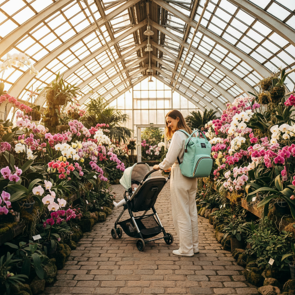 Maman portant son sac à dos à langer lors d'une sortie au jardin botanique