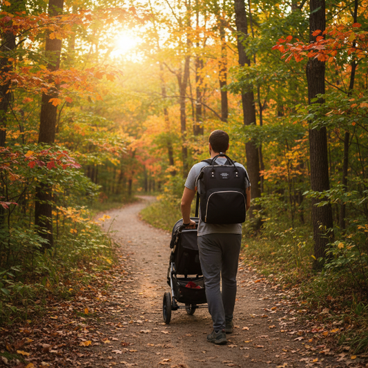 Papa en randonnée en automne avec son sac à langer chic noir sur le dos