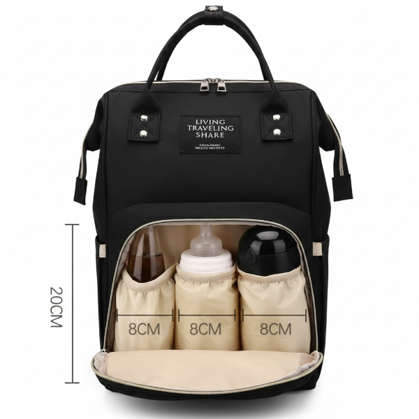 Mesure poche biberon frontal du sac à dos à langer noir