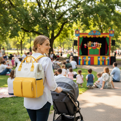 Maman porte le sac a dos a langer lors d'une sortie avec bébé dans sa poussette à un spectacle de marionnette au parc
