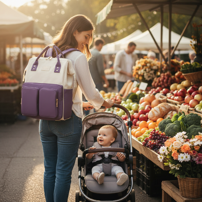 Maman porte le sac a dos a langer blanc/mauve, bébé sourit content dans sa poussette au marché public
