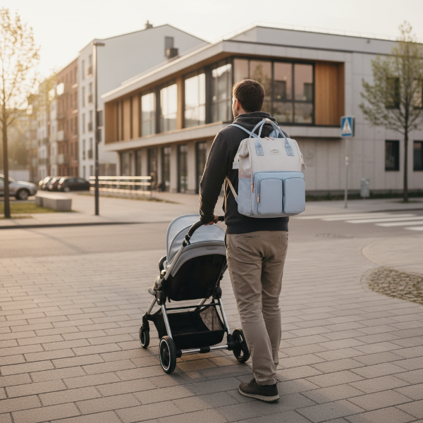Papa porte e sac a dos a langer blanc/bleu, bébé dans sa poussette en direction de la garderie