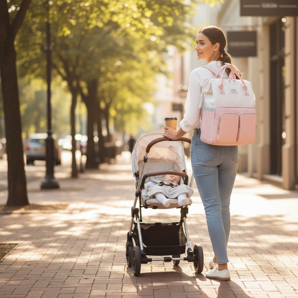 Lors d'une promenade en ville, maman porte le sac blanc/rose pastel bébé dans sa poussette