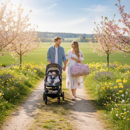 Papa pousse la poussette de bébé qui dors dedans, maman porte le sac à langer à son bras et tiens la main de papa.  Ils sont sur un chemin à la campagne par une belle journée de printemps