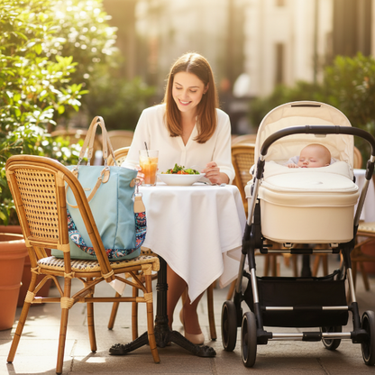 Sac a langer bebe couleur azure sur une chaise d'une terrasse pendant que maman mange et bébé dors dans sa poussette
