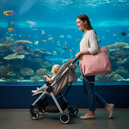 sac a langer bebe porter sur l'épaule lors d'une visite a l'aquarium