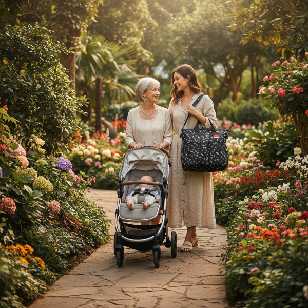 Maman tiens le sac sur l'épaule pendant que mamie pousse la poussette de bébé à ses côté lors de la visite au jardin botanique