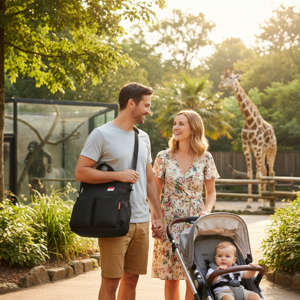 Visite au zoo en famille. Papa porte le sac noir en bandoulière