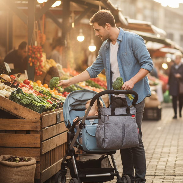 Papa avec bébé au marché public avec le sac à langer gris accrocher à la poussette