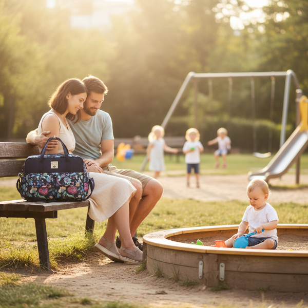 Sac à langer fleurs mauve au parc les parents sur un banc surveille bébé qui joue dans le bac à sable