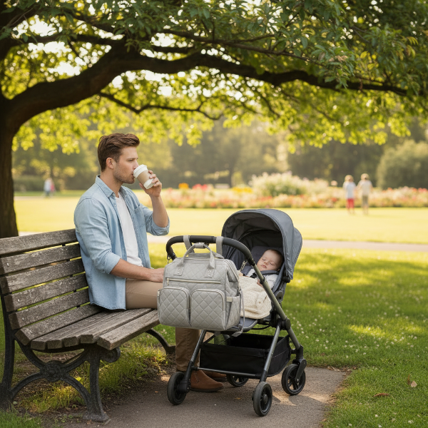 Papa au parc, boit son café pendant que bébé dort poussette, sac gris pâle accroché à la poussette.