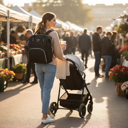 Maman au marché portant son sac à langer noir