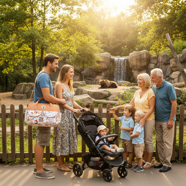  Famille au zoo devant l'enclos de l'ours papa porte le sac à langer ours gratifiant