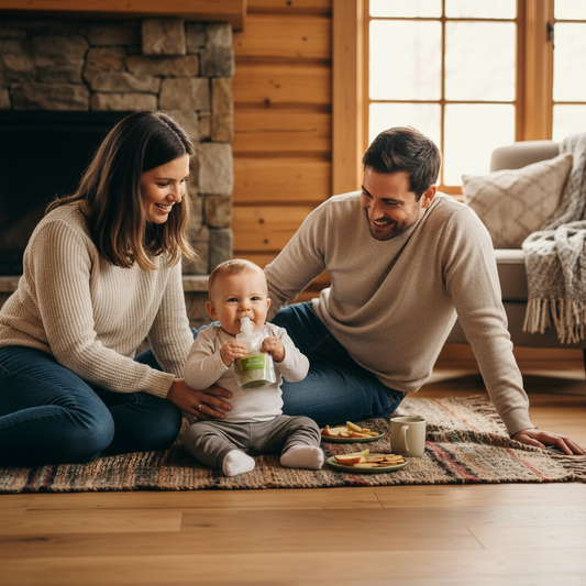 Bébé qui tète son sachet de purée au chalet