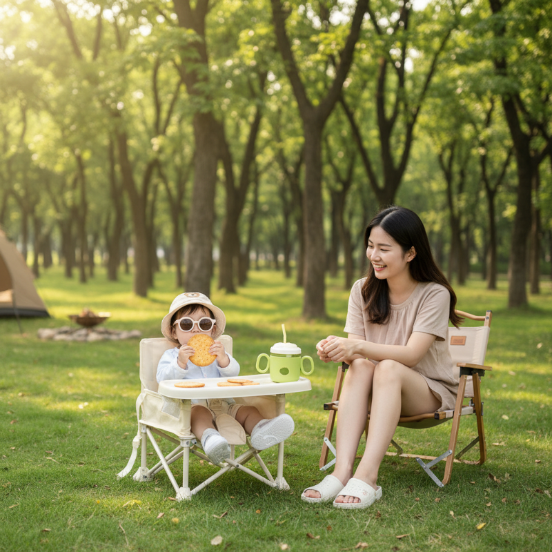 Bébé assis dans sa chaise haute pliante au camping.  Elle mange des biscuits et bois son verre avec une paille.  Maman est assis dans une chaise de camping près d'elle