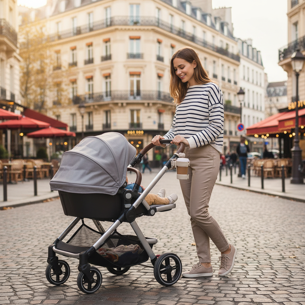 Maman en balade avec bébé dans sa poussette dans les rues de Paris avec son café installer dans le support pour poussette