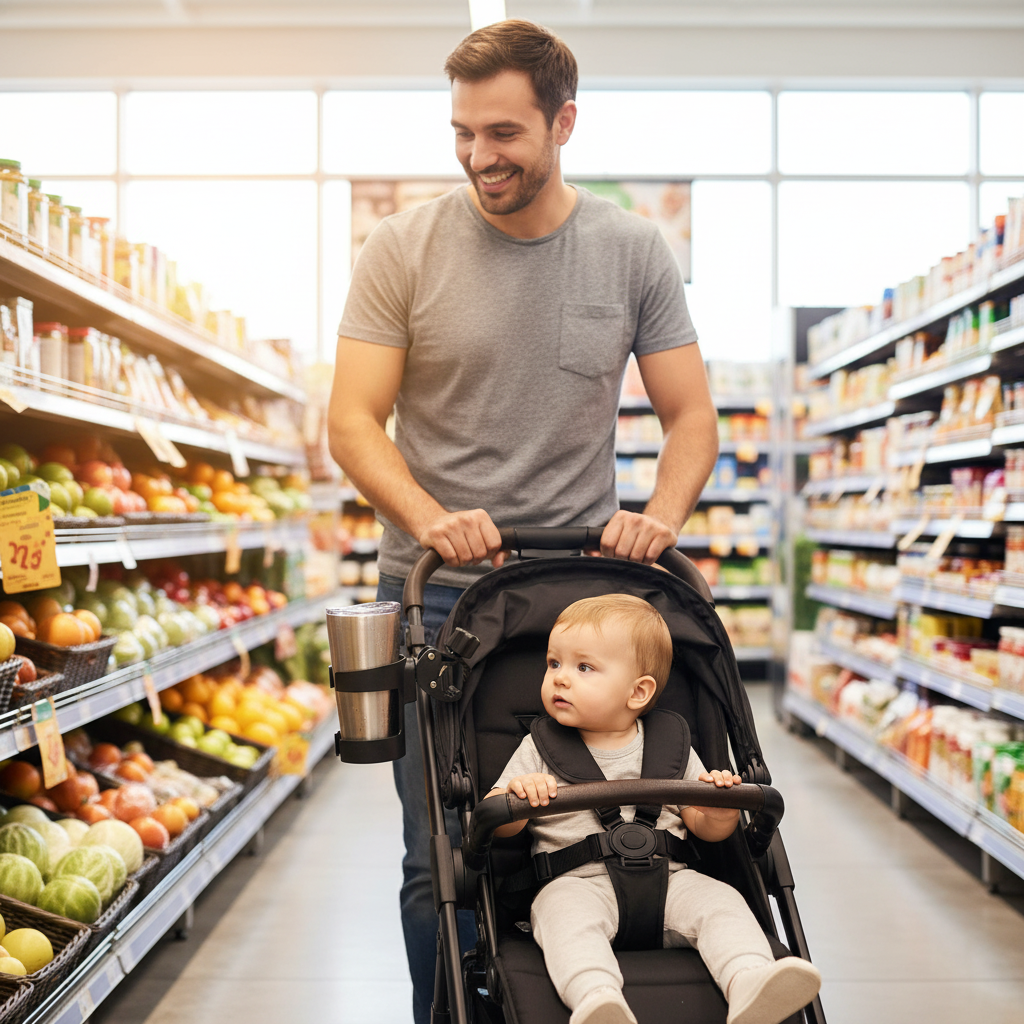 Papa fait son épicerie avec son bébé dans la poussette avec sa tasse dans le support pour poussette