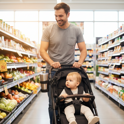 Papa fait son épicerie avec son bébé dans la poussette avec sa tasse dans le support pour poussette