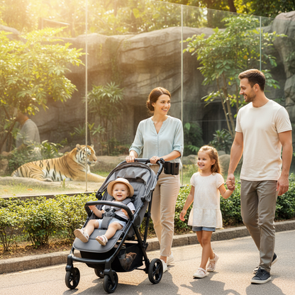 Famille au zoo avec le support accroché à la poussette de bébé