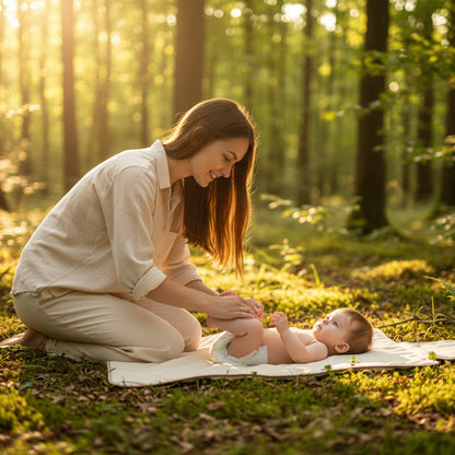 Tapis à langer nomade bebe couché dans la forêt 