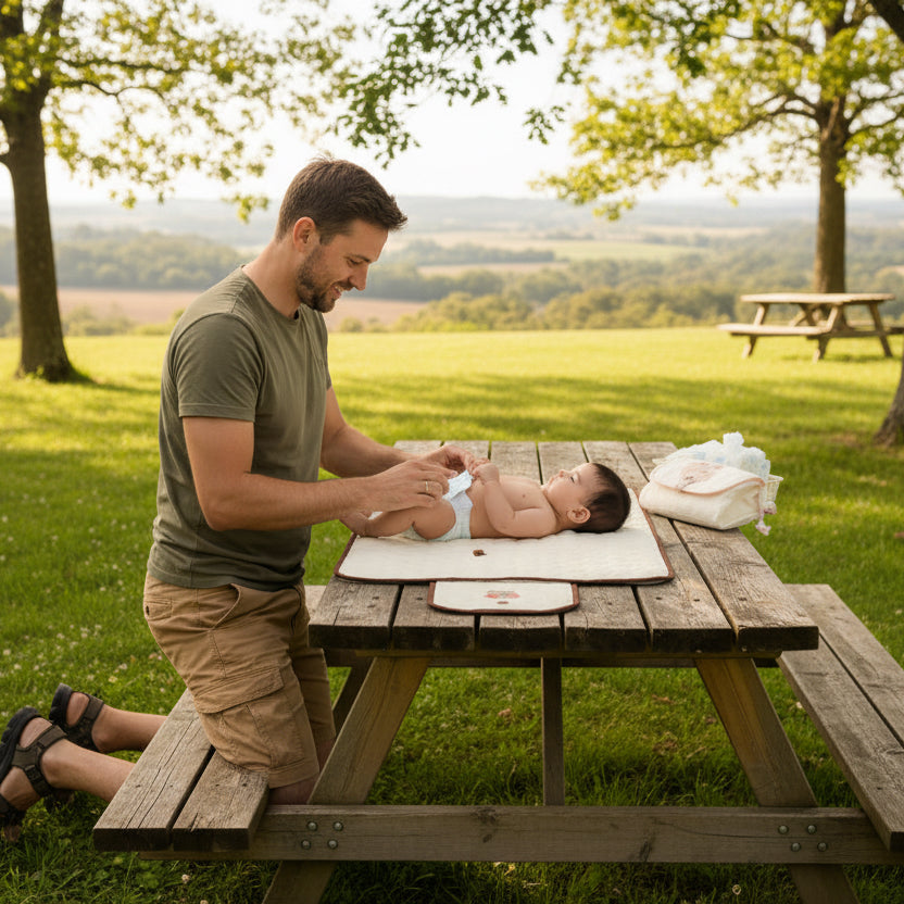 Tapis à langer nomade bebe couche papa au parc
