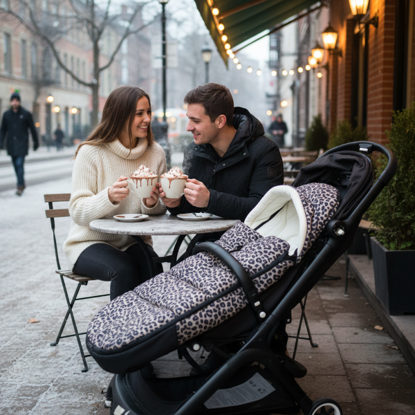Maman et papa en terrasse hivernale avec chocolat chaud, bébé au chaud dans sa chancelière léopard