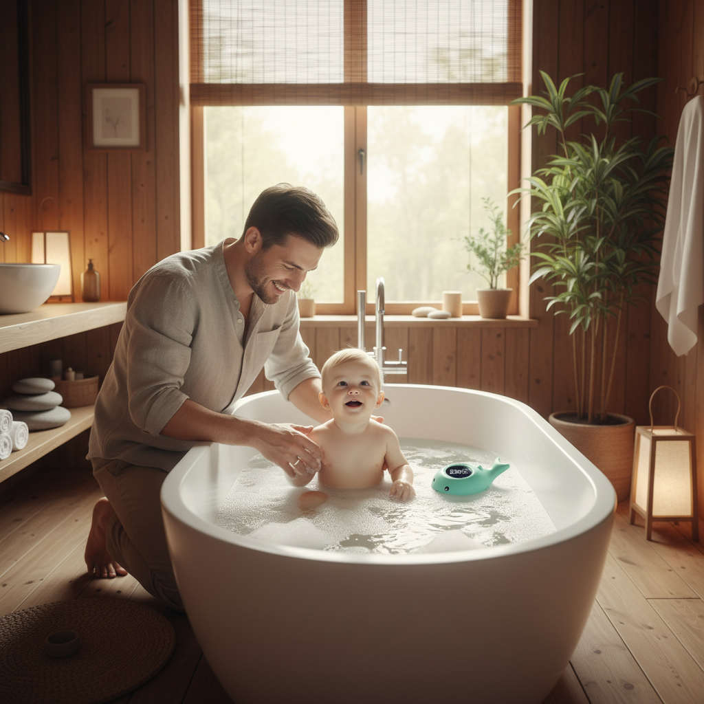 photo carré. Bébé prend son bain  avec son thermometre baleine sous la surveillance de papa dansune salle de bain style Zen