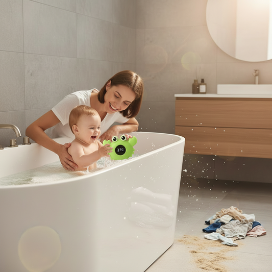 bébé joue dans l'eau du bain avec son thermometre crabe vert dans une salle de bain moderne sous la surveillance de maman