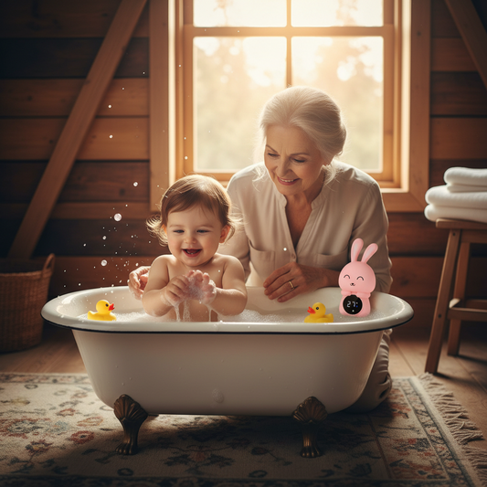 Léa dans sa baignoire avec son thermometre lapin rose sous la surveillance de mamie