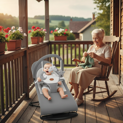 Bébé dans son transat joue avec les peluches de l'arche pendant que mamie tricote dans sa chaise berçant sur le balcon de sa maison de campagne