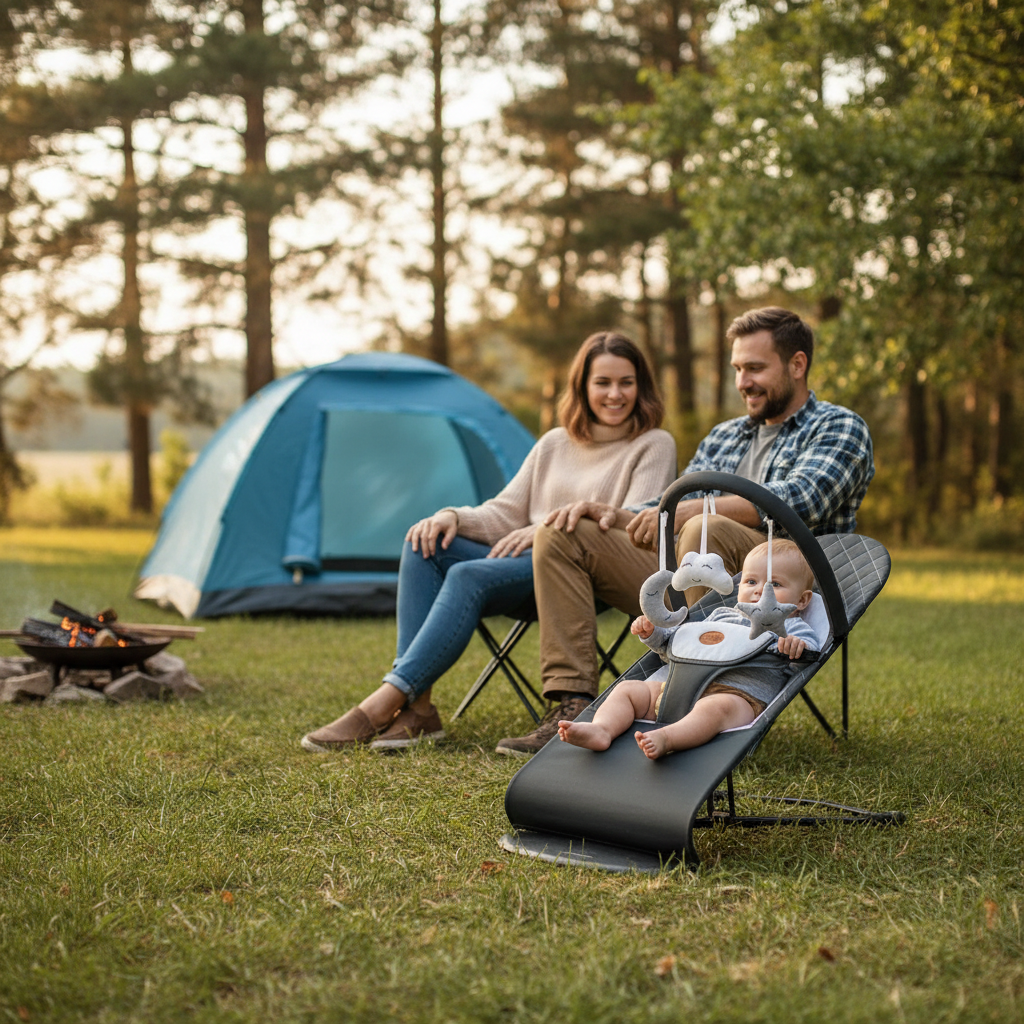 Bébé assis dans son transat regarde les peluches de l'arche pendant que maman et papa relaxe pres du feu de camps au camping