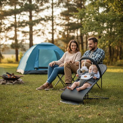 Bébé assis dans son transat regarde les peluches de l'arche pendant que maman et papa relaxe pres du feu de camps au camping