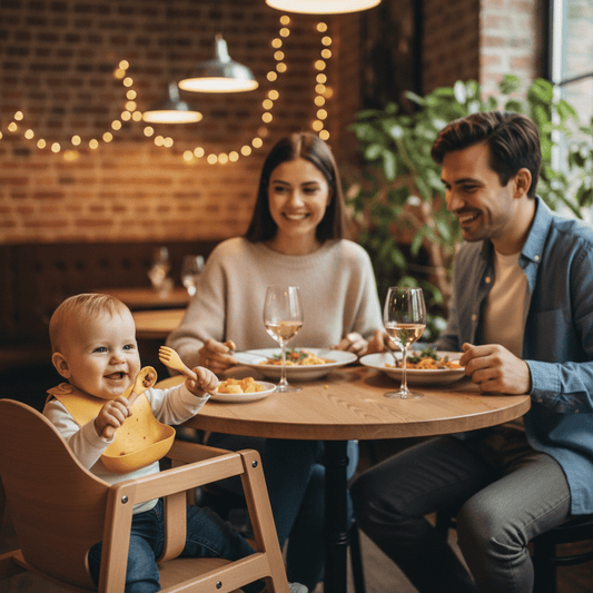 Bébé au restaurant mange avec ses ustensiles avec fierté