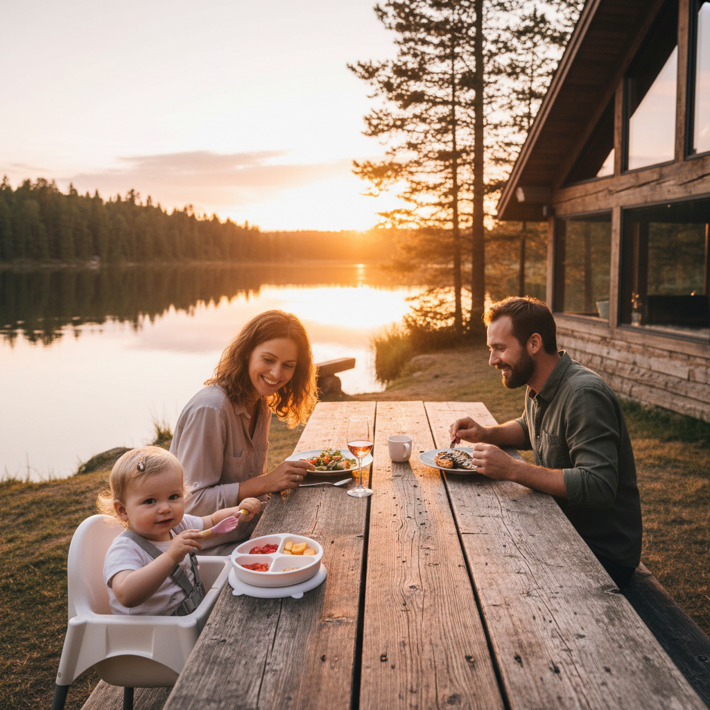 Famille mange dehors au chalet, soleil couchant sur le lac, bébé mange avec ses ustensiles comme une grande fille.