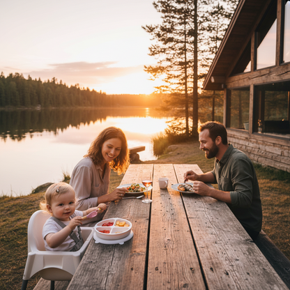 Famille mange dehors au chalet, soleil couchant sur le lac, bébé mange avec ses ustensiles comme une grande fille.