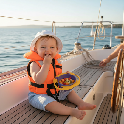 Bébé à bord du voilier de papa, maman prend la photo de bébé qui mange ses fruits dans son bol soucoupe