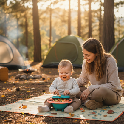 Bébé mange sa collation dans son bol avec maman près de lui assis sur un tapis de sol au camping