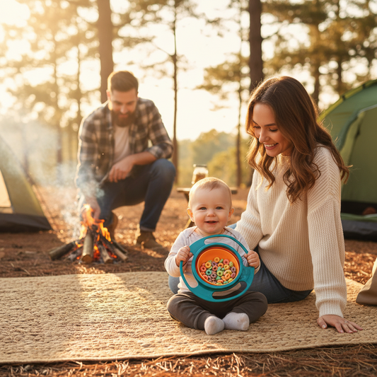 Bébé mange ses céréales sur le tapis de sol maman le surveille en souriant et papa allume le feu de camp au camping