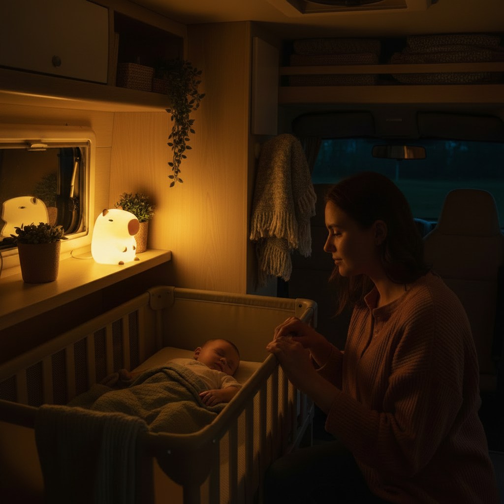 Bébé dors dans son berceau dans le camping car sous la surveillance de maman avec sa veilleuse capybara allumé