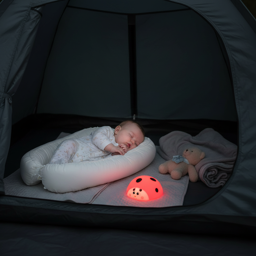 Bébé dors dans la tente dans son nid pour bébé avec sa veilleuse coccinelle allumée.