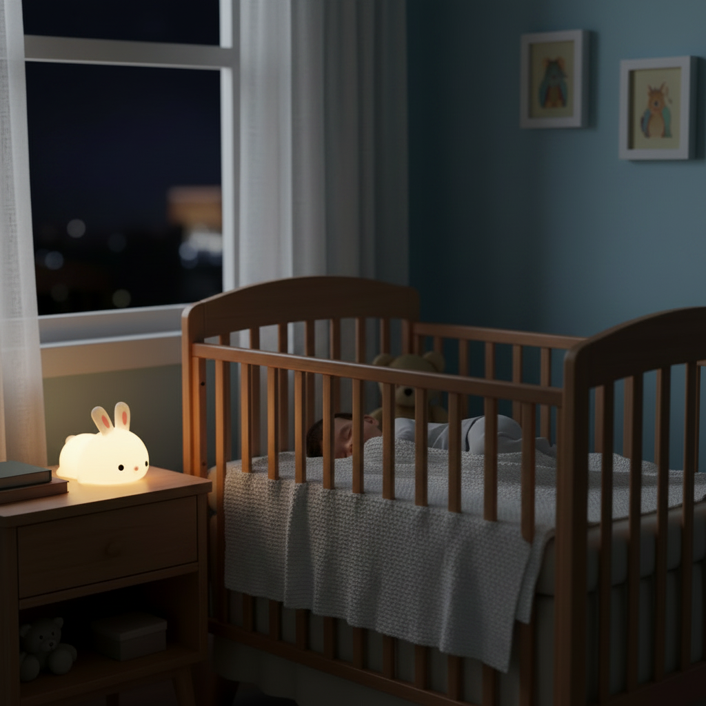bébé dors dans son berceau la nuit avec sa veilleuse lapin allumé
